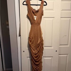 Ruched Tan Maxi Dress with Deep V